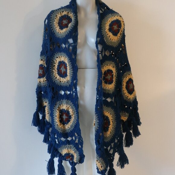 NWT Women Tina Demel Teal  Multicolor Patchwork Fringed Sunshine Shawl OS - Picture 1 of 11